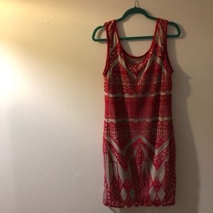 Red and cream sleeveless dress